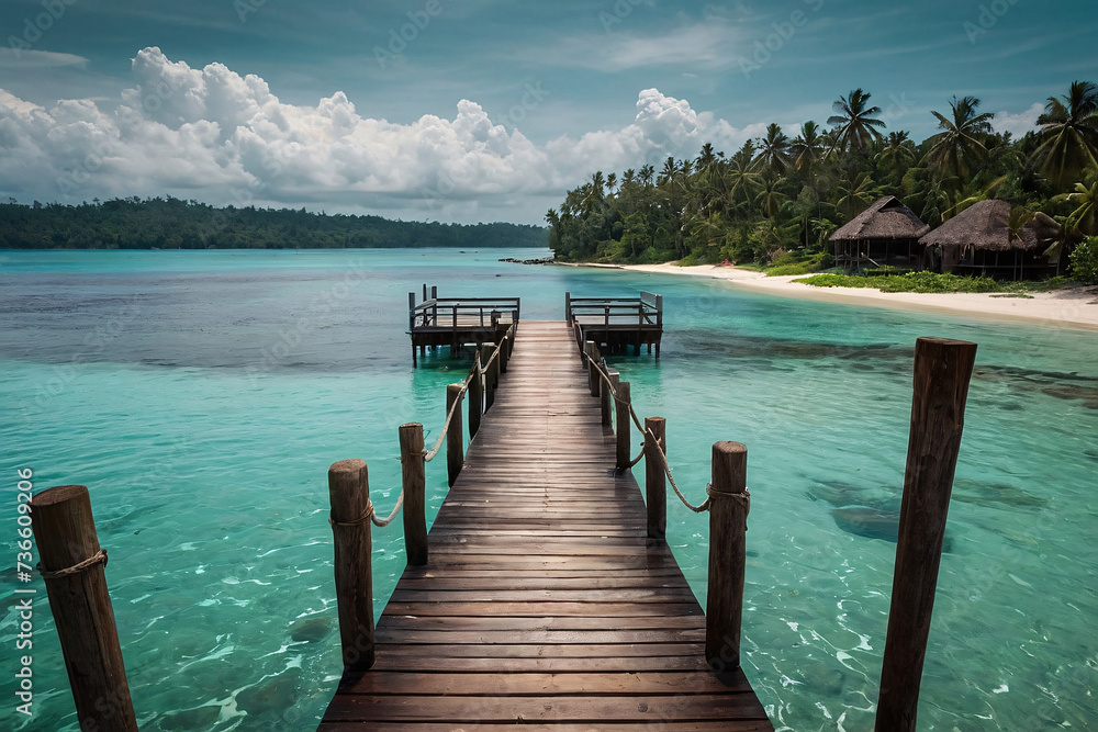 Wooden pier on tropical island with turquoise water and blue sky. Generative AI - obrazy, fototapety, plakaty 