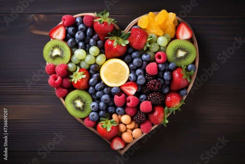 Healthy and colorful fuit in heart shaped bowl photo