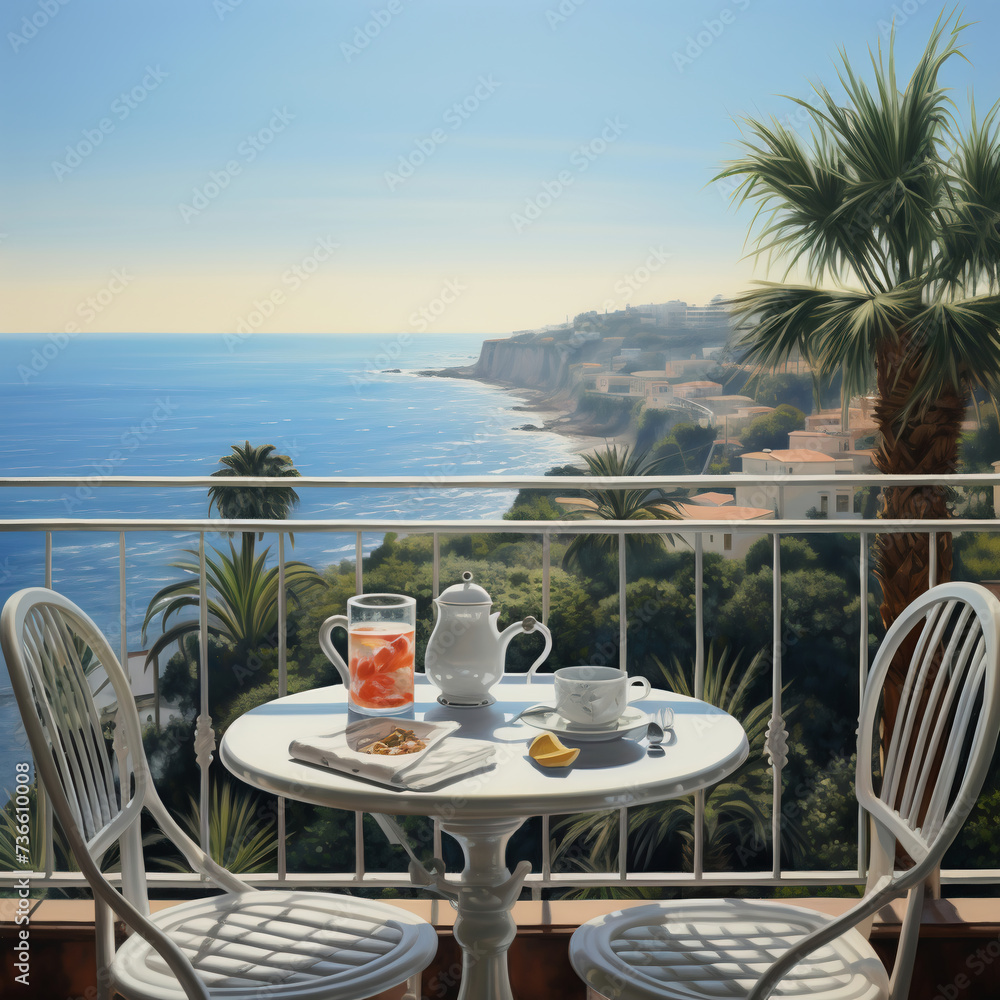 Breakfast on the terrace overlooking the sea. 3d rendering