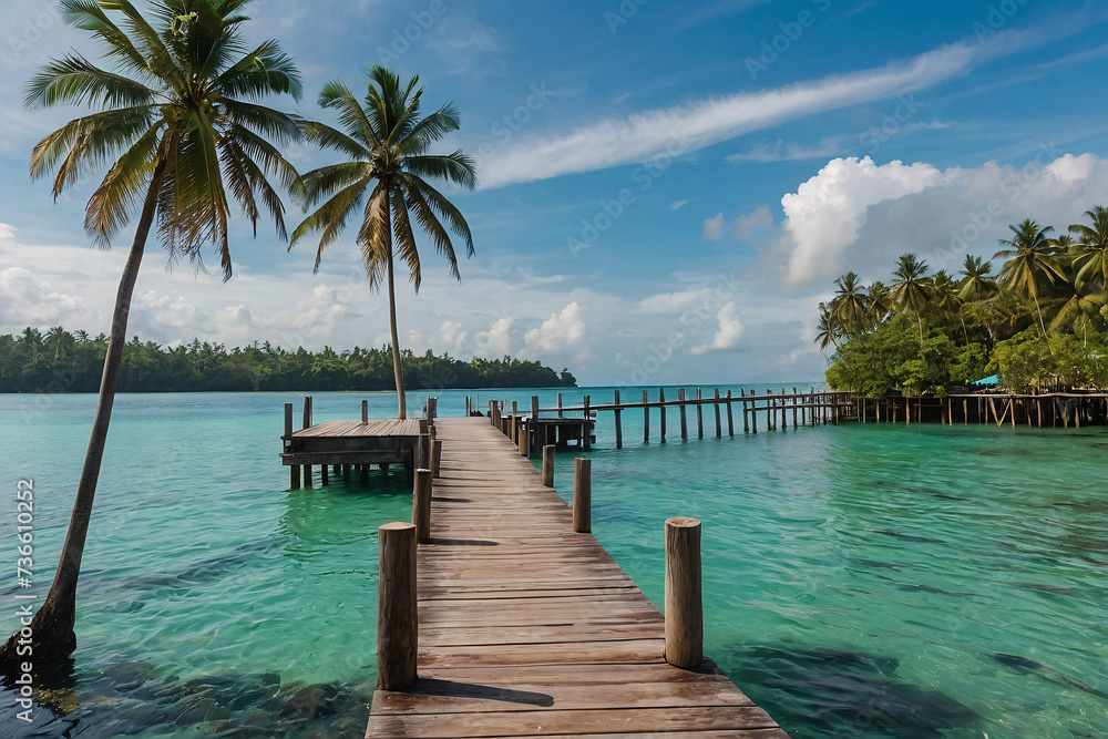 Wooden pier on tropical island with turquoise water and blue sky. Generative AI