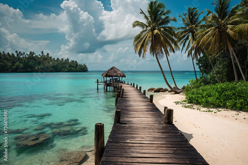 Wooden pier on tropical island with turquoise water and blue sky. Generative AI © igor.nazlo