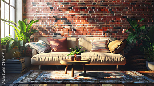 a living room with a couch, table and pillows on it's side and a brick wall behind it photo