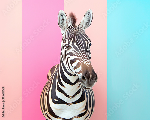 A chic photo shoot featuring a zebra its striking appearance enhanced by a dreamy pastel backdrop