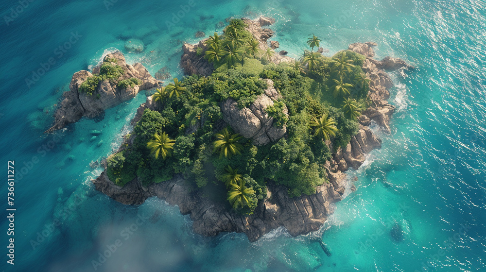 A drone view captures a spectacular island surrounded by the crystal clear sea the realism highlighting every breathtaking detail