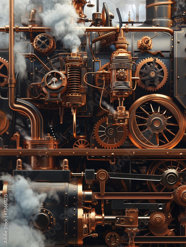 A detailed scan of a steam train engine at work showcasing the harmonious interplay of steam gears and pistons