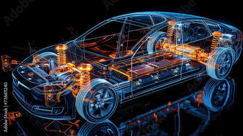 A detailed scan of an electric car highlighting the sophisticated system operation and energy flow