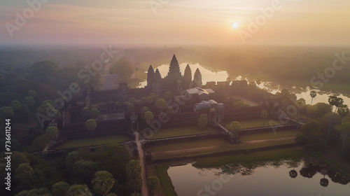 A drone captures Angkor Wat at dawn its spires and moats illuminated by the first light showcasing the spectacular and ancient majesty from above photo