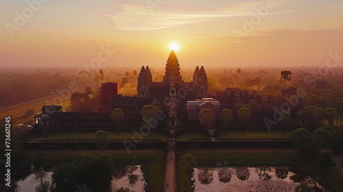 A drone captures Angkor Wat at dawn its spires and moats illuminated by the first light showcasing the spectacular and ancient majesty from above photo