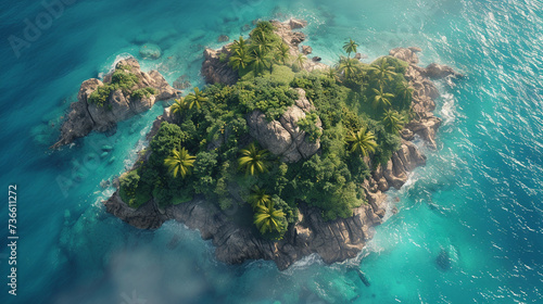 A drone view captures a spectacular island surrounded by the crystal clear sea the realism highlighting every breathtaking detail © JR-50