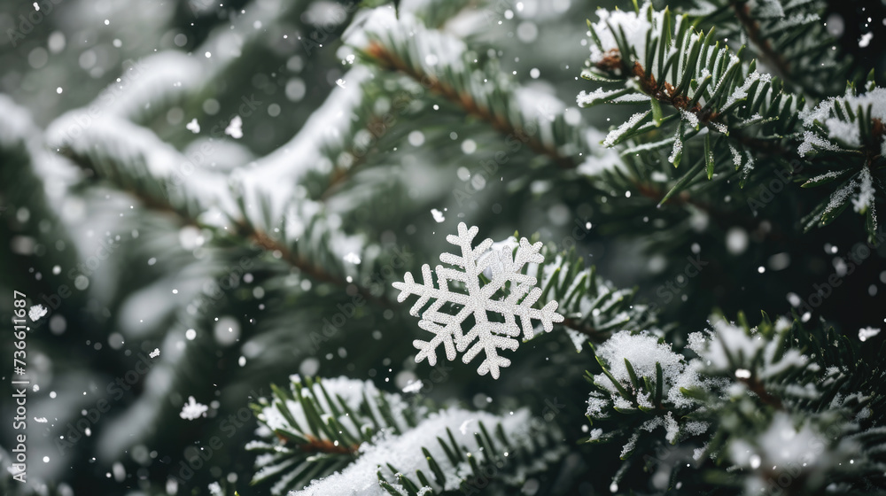 A close up shot of a snowflake resting on a tree branch. Perfect for winter-themed designs or nature-inspired projects