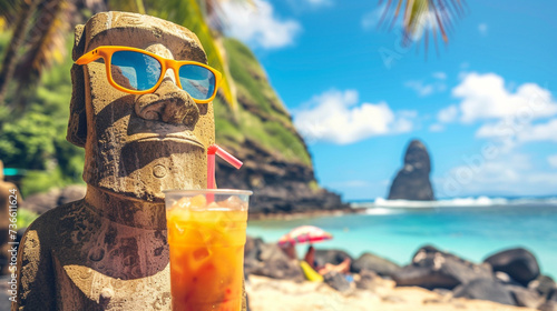 A Moai statue sipping a soda under the bright sun shades on with a tropical beach backdrop photo