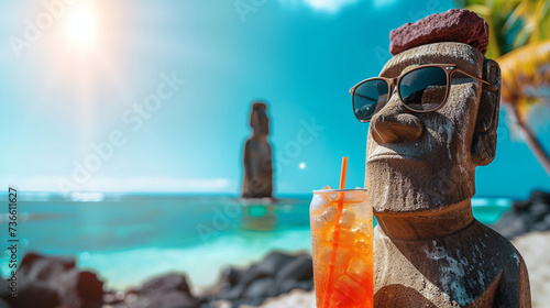 A Moai statue sipping a soda under the bright sun shades on with a tropical beach backdrop photo