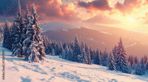 A picturesque view of the sun setting over a range of snowy mountains. This image can be used to depict natural beauty and serene landscapes