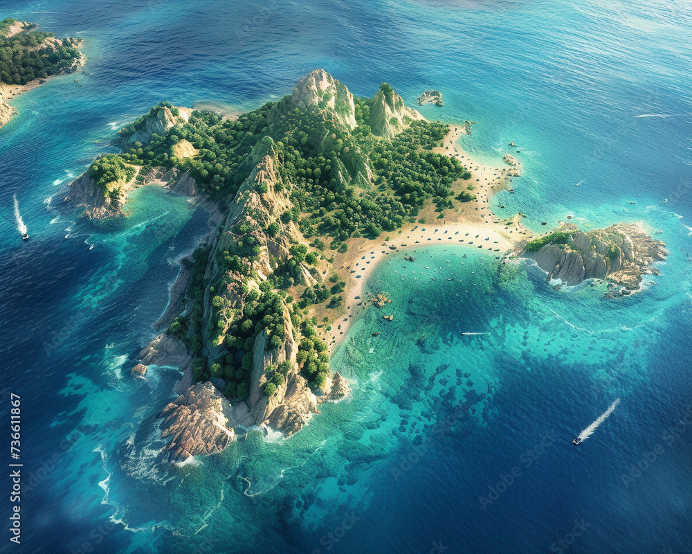 Aerial perspective of a secluded island its shores kissed by the sea presented in a realistic and spectacular panorama - obrazy, fototapety, plakaty 
