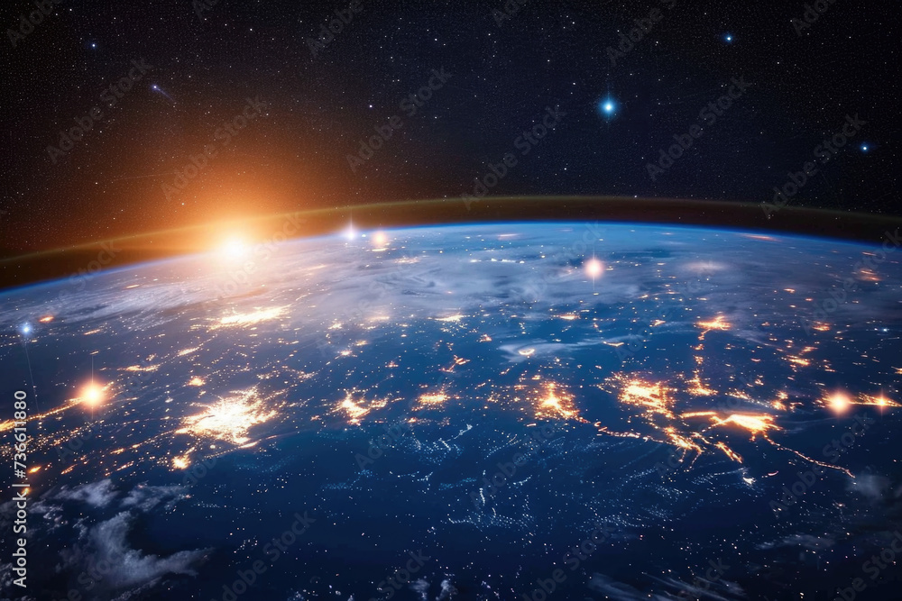 A captivating image of the Earth as seen from space at night. This picture can be used to illustrate concepts of global connectivity and the beauty of our planet from a unique perspective A captivating image of the Earth as seen from space at night. This picture can be used to illustrate concepts of global connectivity and the beauty of our planet from a unique perspective