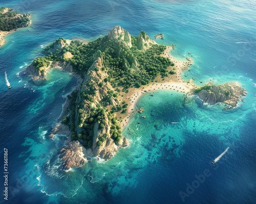 Aerial perspective of a secluded island its shores kissed by the sea presented in a realistic and spectacular panorama © JR-50