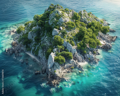 Aerial perspective of a secluded island its shores kissed by the sea presented in a realistic and spectacular panorama