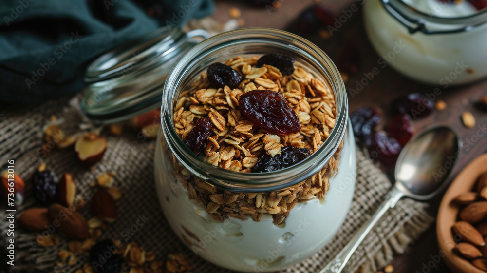 A jar filled with a delicious mix of granola, raisins, and nuts. Perfect for a healthy breakfast or snack option A jar filled with a delicious mix of granola, raisins, and nuts. Perfect for a healthy breakfast or snack option