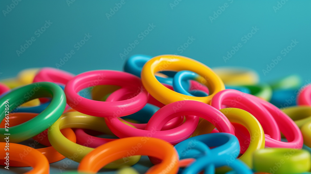 Colorful rubber rings piled playfully in a studio set against a summer inspired colored background