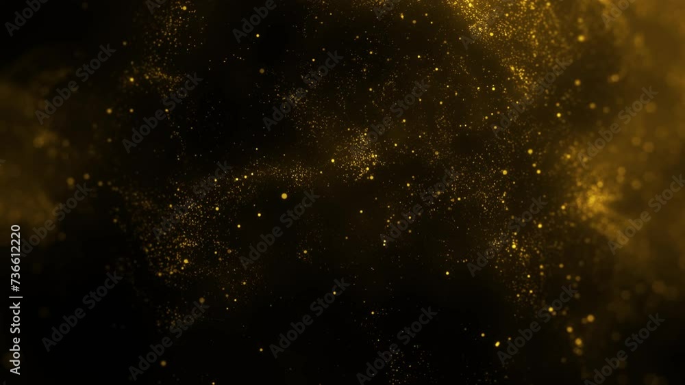 Gold dust particles fly in slow motion in the air lingering slowly. Dust Particles Background Bokeh Lights Background on Black Background 4k Footage Snow Particles Background.