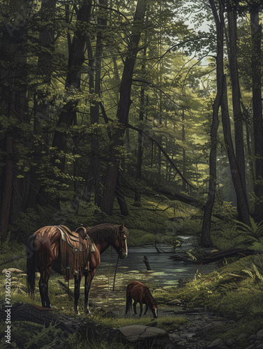In the heart of the forest a clearing reveals a serene scene a horse grazing beside its Native American companion © JR-50