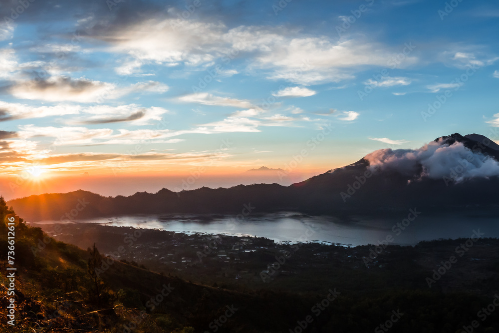 Stunning sunrise beside the famous volcano, Batur Mountain in Bali, Indonesia