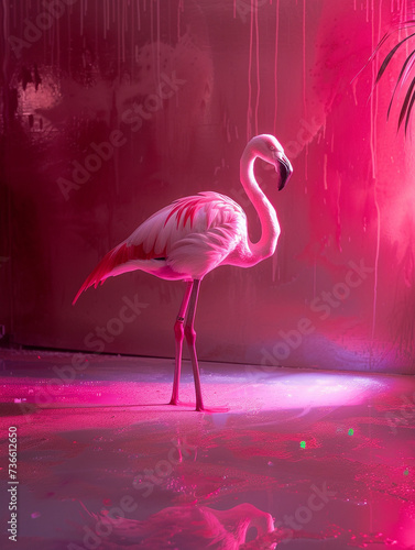 The studio transforms with a pink glow as a flamingo gracefully interacts with the scene a vision of beauty © JR-50