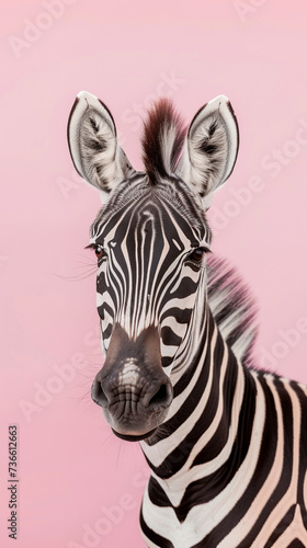The stark stripes of a zebra against a gentle pastel background a studio portrait that blends wildness with softness © JR-50