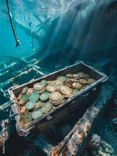 Underwater view of a mysterious chest filled with shimmering gold and Bitcoin amidst a sunken shipwreck