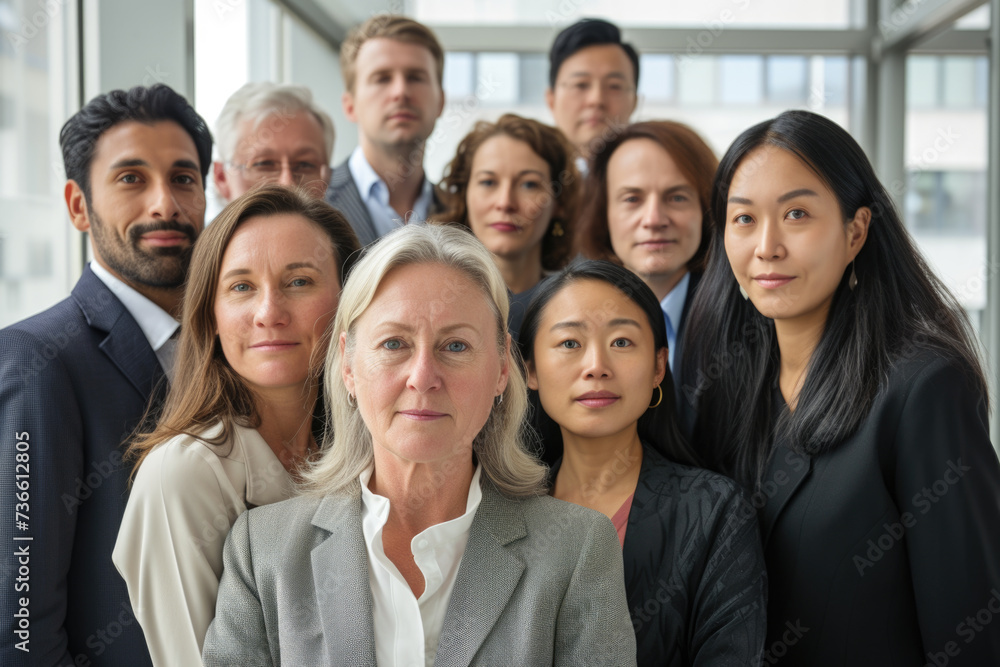 A group of people standing together in front of a window. A group of people standing together in front of a window.