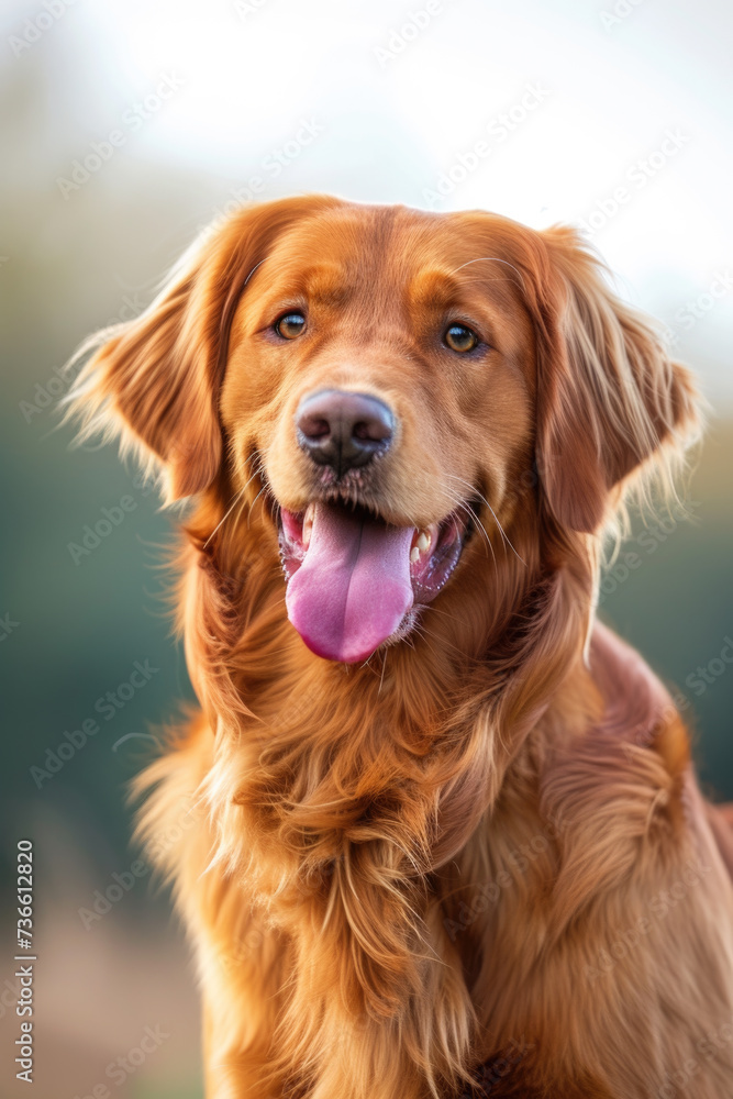 A happy and playful golden retriever dog with its tongue hanging out. This adorable image captures the joyful nature of dogs A happy and playful golden retriever dog with its tongue hanging out. This adorable image captures the joyful nature of dogs