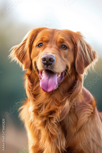 A happy and playful golden retriever dog with its tongue hanging out. This adorable image captures the joyful nature of dogs