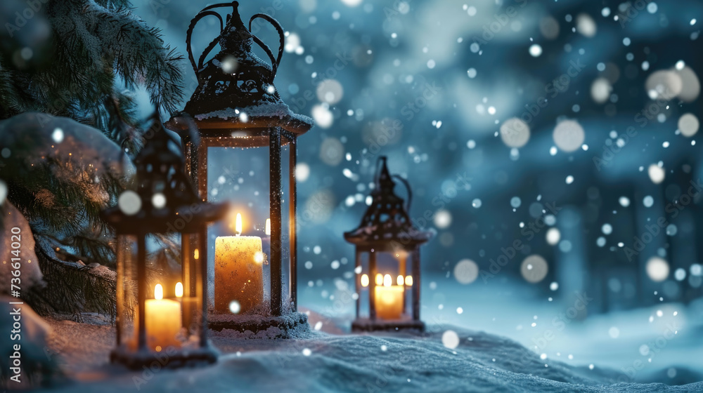 Fototapeta premium Lanterns sitting on a snowy ground, perfect for winter and holiday themed designs
