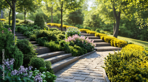 A stone path with steps leading up to a beautiful and vibrant green park. Perfect for nature lovers and outdoor enthusiasts.