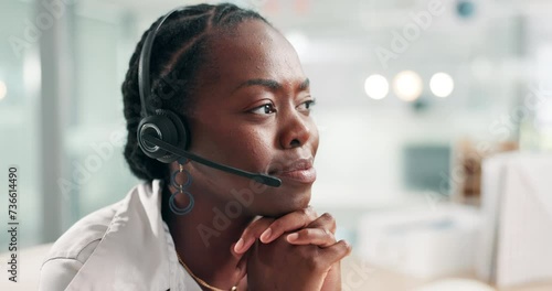 Help desk, listening and phone call with black woman, headset and consultant at customer service agency. Tech support, telemarketing and virtual assistant at callcenter in conversation at crm office. photo