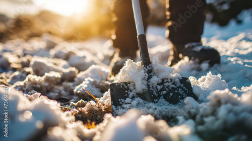 A shovel stuck in the snow. Can be used to represent winter, snow removal, or being stuck in a difficult situation