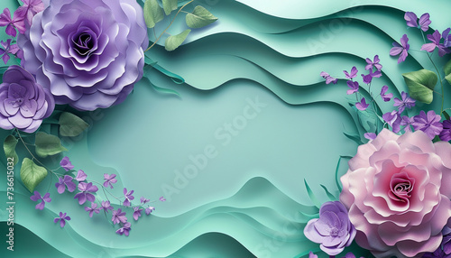 Beautiful spring background with copy space. Frame of Paper Flowers and green leaves composition. Postcart template for mother / women day pastel mint lavender colors.