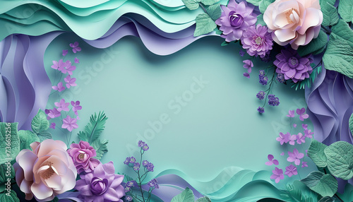 Spring cart with copy space. Frame of Paper Flowers and green leaves composition. Pastel mint lavender template background photo