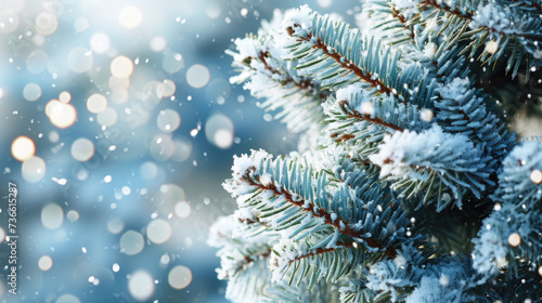 A close up view of a pine tree covered in snow. This image can be used to depict the beauty of winter landscapes or to symbolize the holiday season