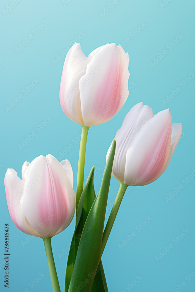 Fototapeta premium Three pink tulips in a vase against a vibrant blue background. This image can be used to add a pop of color to any floral-themed project or to represent beauty and elegance in various design concepts