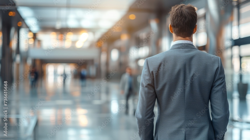 Business executives admiring exhibition with copy space, blurred background for text placement Business executives admiring exhibition with copy space, blurred background for text placement