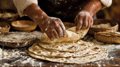 A person is seen making tortillas on a table. This image can be used to showcase the process of making homemade tortillas