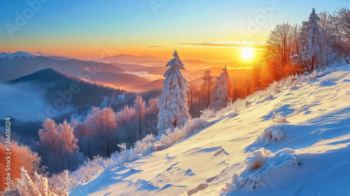 A picturesque image of the sun setting over the snowy mountains. Perfect for travel blogs, winter-themed websites, and nature-related projects