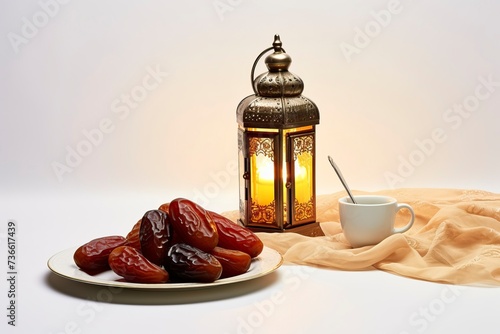 a plate of dates and a traditional Islamic lantern  white background   copy space - generative ai
