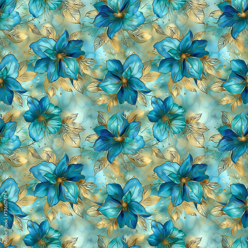 Seamless pattern of abstract blue-turquoise flowers with gold leaves. Design for wallpaper, posters, cards, wrapping paper and textile products.