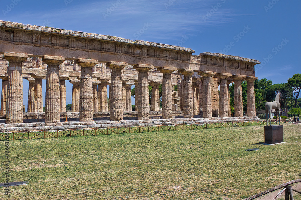 The Basilica (also known as the temple of Hera) one of the perfectly preserved temples present in the archaeological park of Paestum, Salerno, Italy (1)