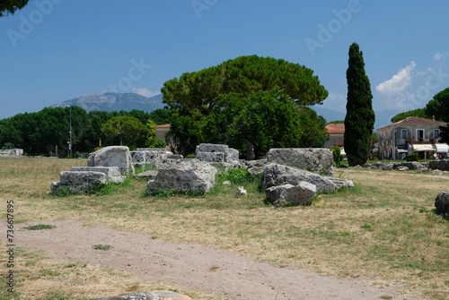 Ancient Greek ruins of Paestum famous UNESCO site in the province of Salerno, Campania, Italy photo