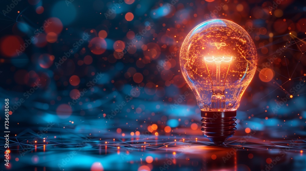 Illuminated Light Bulb on Futuristic Technology Network Background Illuminated Light Bulb on Futuristic Technology Network Background