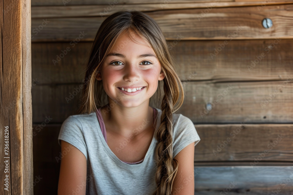 Young Girl Sitting in Front of Wooden Wall Young Girl Sitting in Front of Wooden Wall