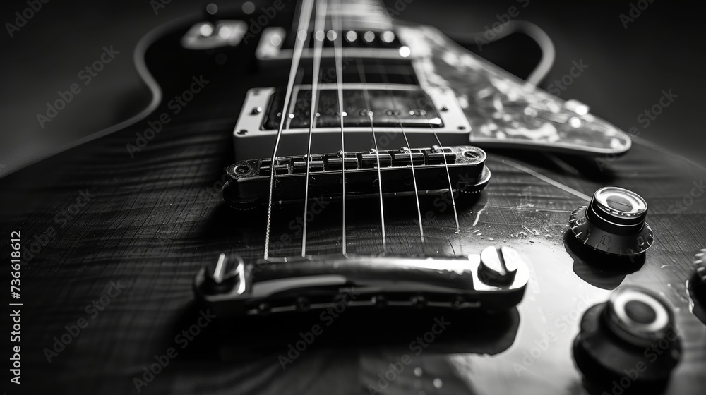 Detailed close up of a stylish black czaran electric guitar against a sophisticated dark backdrop. Detailed close up of a stylish black czaran electric guitar against a sophisticated dark backdrop.